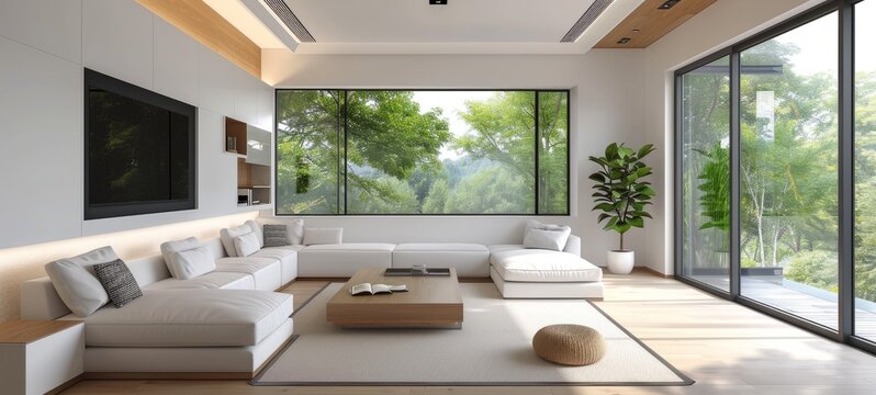 Interior of cozy minimalist monochrome living room in luxury villa. Stylish upholstered furniture, wooden coffee table, modern flat TV, indoor plant. Panoramic windows overlooking beautiful garden.