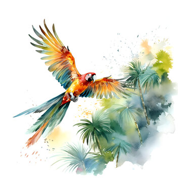 watercolor parrot flying palm trees clip art preview