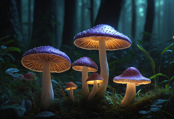 Fototapeta premium Enchanted mushroom artwork. Luminescent fungi against a dark backdrop. Created with computer software.