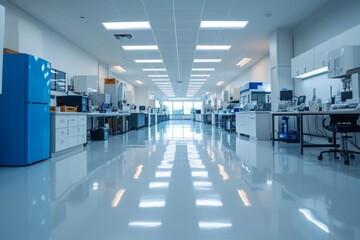 Modern bright biological applied science laboratory with microscopes, research equipment, glass test tubes, plastic canisters with chemicals. Advanced biotechnology lab for vaccine development.