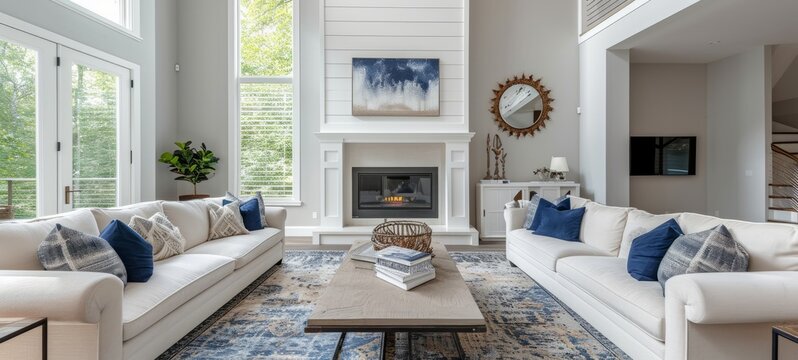Interior of modern classic living room in luxury villa. Combination of white and blue colors, stylish upholstered furniture, carpet on the floor, fire place. Large windows with garden view.