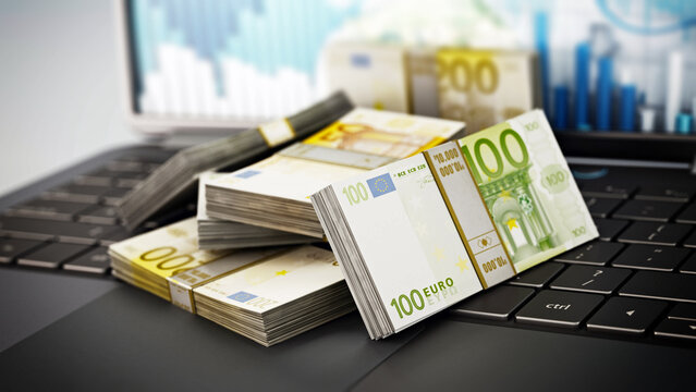 Euro bills standing on laptop keyboard. 3D illustration