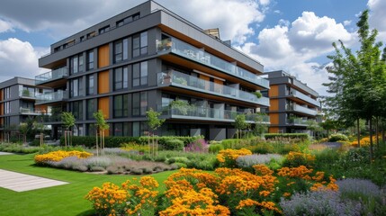 Modern eco-friendly residential building with balconies and vertical gardens. Contemporary exterior design, trendy finishing materials, creative bright landscape design.