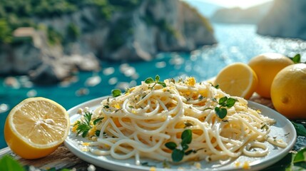 Close-up of a plate of spaghetti with shrimps surrounded by lemons and herbs on a wooden table. Cozy summer terrace overlooking picturesque Mediterranean seascape. - Powered by Adobe