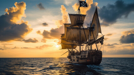 Obraz premium A pirate ship sailing the Caribbean Sea during the golden age, with the Jolly Roger flag billowing, as swashbuckling buccaneers prepare for a treasure hunt, embodying the adventure and legend