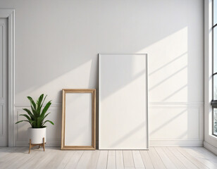 Obraz premium Empty Vertical Frame Mock-Up on Floor, Blank Vertical Frame Template in Bright Interior, Aesthetic Blank Frame Mockup.