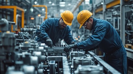 Two male workers in uniform, safety helmets and gloves supervise the assembly process of complex mechanical devices in a modern high-tech industrial plant. - obrazy, fototapety, plakaty