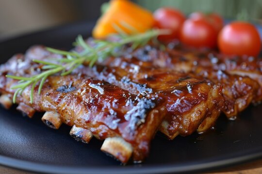 Close-up of delicious fried ribs glazed in honey and soy sauce on a black ceramic plate. American BBQ pork ribs. Background image for the menu.