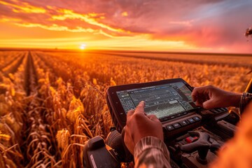 Close-up of farmer's hands holding remote control in a wheat field under the light of setting sun. Farmer controls agricultural drone for crop monitoring and spraying. Smart technologies for farming. - obrazy, fototapety, plakaty