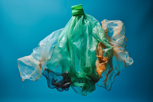 Floating plastic bags on a blue background Generative AI image