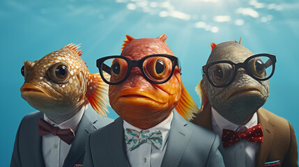 funny and cute fish dressed as a group as a business team