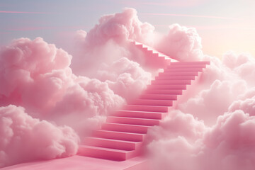 Stairs to heaven, Infinite white cubic stairs in the clouds, studio shoot on neutral soft pink background, clean and simple layout - obrazy, fototapety, plakaty