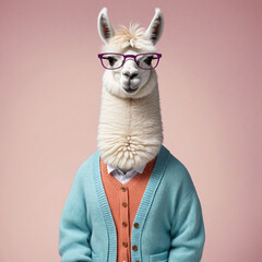 Trendy llama in cardigan and glasses, showcasing cotton candycore style.