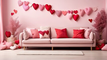 Living room interior with sofa and Valentine's Day decorations, pink and red hearts, copy space background