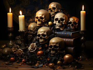 an old wooden table with some halloween skulls and candles