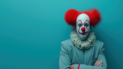 Photo of a Clown in Contrasting Red and White, Set Against a Monochromatic Teal Background, Exuding Complexity Beyond Traditional Joviality - Perfect for Bold Artistic Expressions  - obrazy, fototapety, plakaty