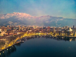 Sunset Over Lecco: An Aerial Perspective. Mount Resegone in the background