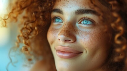 The Essence of Radiant Beauty - A Close-Up of a Deep Blue-Eyed, Dark-Skinned Girl with Freckles and Curly Brown Hair, Her Gentle Smile and Optimistic Gaze Fixed Upward