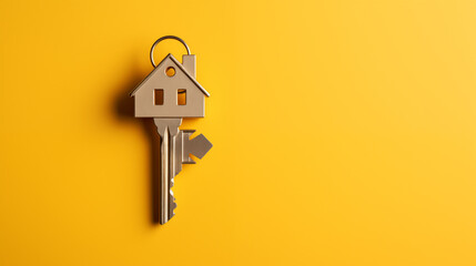 Key in a house shape in the keyhole of the door. Buy a new house concept. Real estate market. Text space and soft yellow background. - obrazy, fototapety, plakaty