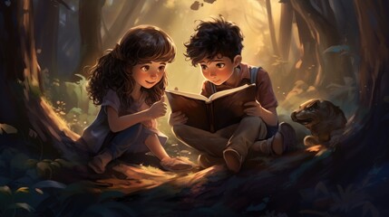 Obraz na płótnie Canvas Boy and girl reading a book together, fantasy world, comic art. --ar 16:9 --v 5.2 Job ID: 59cb5298-1df3-49b7-a51e-fcac99fcf4ed