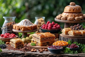 Nowruz celebration background with treats, baklava, dried fruits, nuts on wooden surface