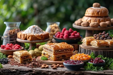 Foto op Plexiglas Nowruz celebration background with treats, baklava, dried fruits, nuts on wooden surface © yuliachupina