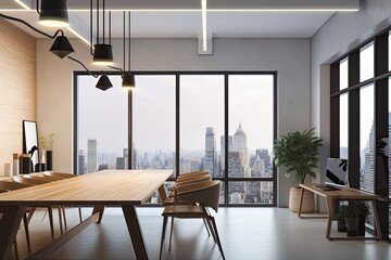 Fototapeta premium A contemporary office setting includes wooden chairs, a wall mock up with an empty poster, equipment, a window with city views, and lighting. Concept of coworking and the workplace