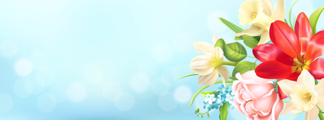 Delicate banner with spring flowers. Template for greeting, invitation, advertising with place for text. Vector illustration.