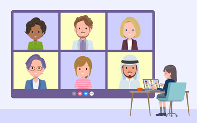 複数人でビデオチャットをしている紺ブレザー女子学生のセット