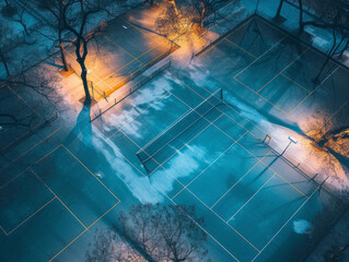 Elevated view of badminton courts on a winter evening with strategic lighting. Concept of urban sports facilities and active lifestyle in the city