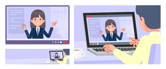 ビデオチャットをしている紺ブレザー女子学生のセット