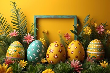 Easter-themed yellow backdrop featuring decorative eggs within a frame