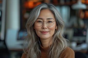 Portrait of a beautiful asian woman with grey hair - obrazy, fototapety, plakaty
