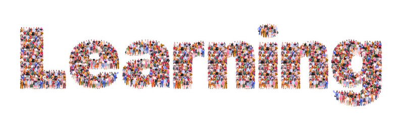 Large group of people forming word Learning. Time to study. Concept for trainings, seminars, back to school, online courses, education, knowledge. Flat vector illustration isolated on white background
