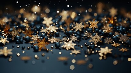 Magical winter background with intricate gold and navy snowflakes shimmering in the frosty air