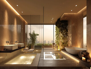 3d rendering of a modern luxury hotel bathroom with bathtub, pool and terrace