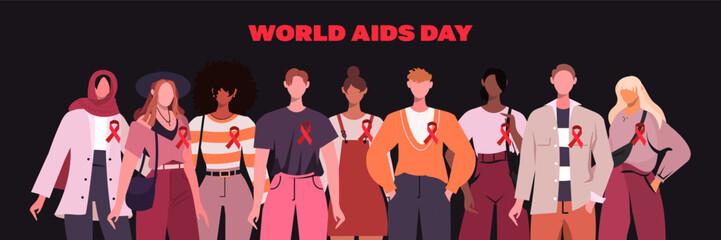 Every year on and December 1th is the celebration of World AIDS Day. A group of young modern people in casual clothes with red ribbons. Medicine and Healthcare concept. Flat vector illustration 