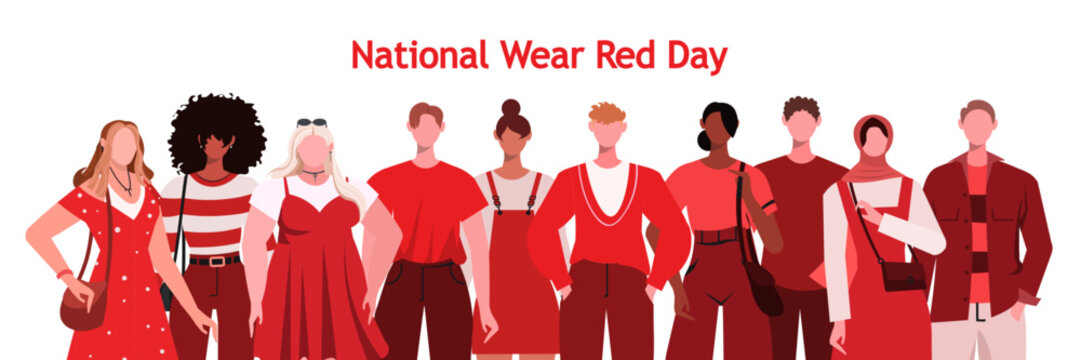 National Wear Red Day is an event aimed at raising awareness about cardiovascular disease and saving lives. Group of young people wearing red clothes. Join the cause by wearing red.