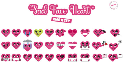 Pink heart collection isolated on white background. Set of emoji sad heart. Depressive emoji. Single emoji.. love symbol. broken heart. domestic violence. Pink concept - Stock vector illustration