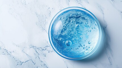 a serum gel toner delicately placed on a dish, showcasing the vibrant blue texture of the skincare liquid, embodies the intersection of beauty and science.