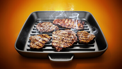 Grilled steaks in hot frying pan. 3D illustration