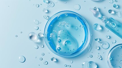 a serum gel toner delicately placed on a dish, showcasing the vibrant blue texture of the skincare liquid, embodies the intersection of beauty and science.