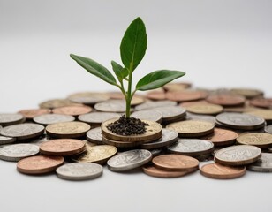 Thriving Finances: Seedling on a Heap of Coins Illustrating Growth
