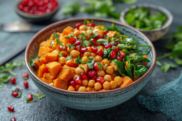 A bowl of vegan curry with red lentils and sweet potatoes.