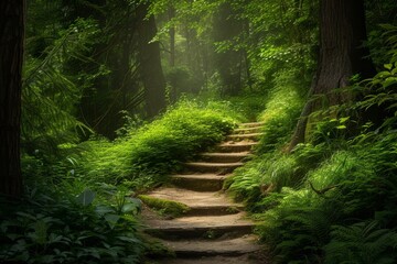 An enchanting forest path with dappled sunlight, lush greenery, and a sense of mystery.