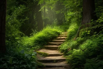 Fotobehang An enchanting forest path with dappled sunlight, lush greenery, and a sense of mystery. © furyon