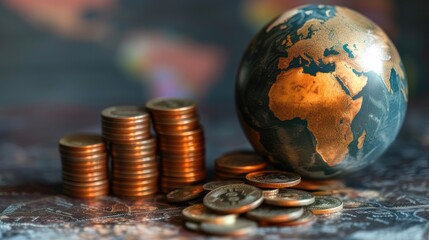 a globe paired with a stack of coins, illustrating the concept that money makes the world go round through a powerful visual representation.