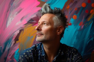 Artistic studio portrait of a middle-aged man with a creative hairstyle, in a modern, trendy outfit, against a vibrant, abstract background