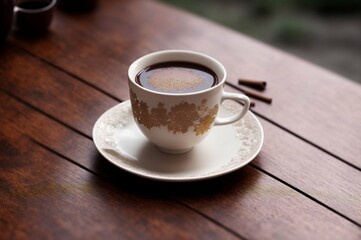 Obraz premium Cup of hot chocolate with cinnamon on wooden table, closeup