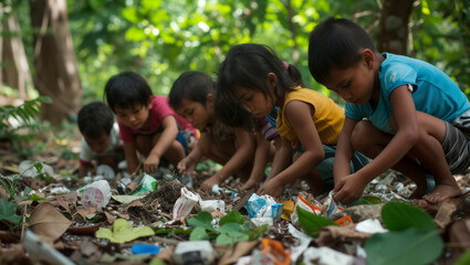 Children from the third world living in poverty earn a little money by scavenging for trash in the forest and selling it - obrazy, fototapety, plakaty